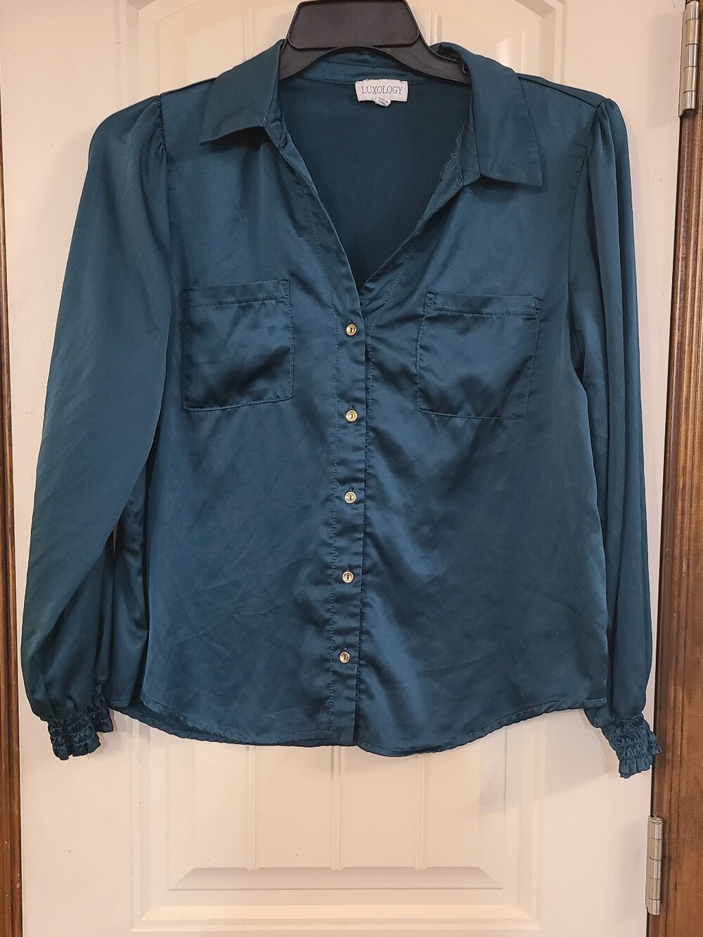 Luxology Deep Teal Green Satin Button-Down Shirt Size L